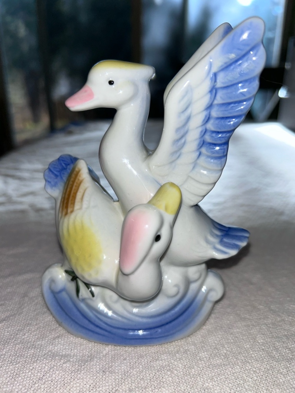 Porcelain Swan Pair Figurine - White, Blue, Yellow